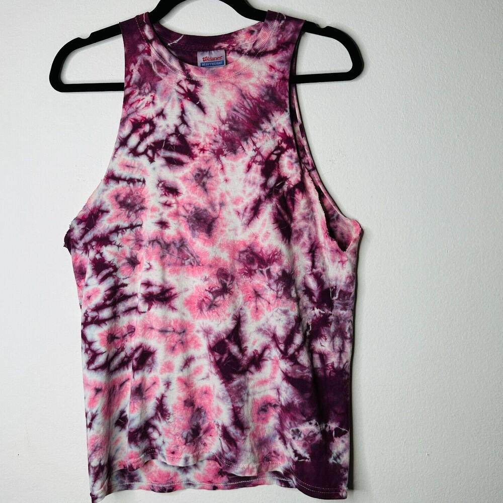 Sleeveless Cropped Hand Cut Out Plum & Pink Cream Tie Dye Crew Neck Top S - Picture 2 of 13